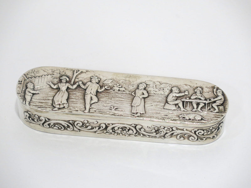 5.5 in - European Silver Antique German Hanau Dancing Playing Cards Scene Box