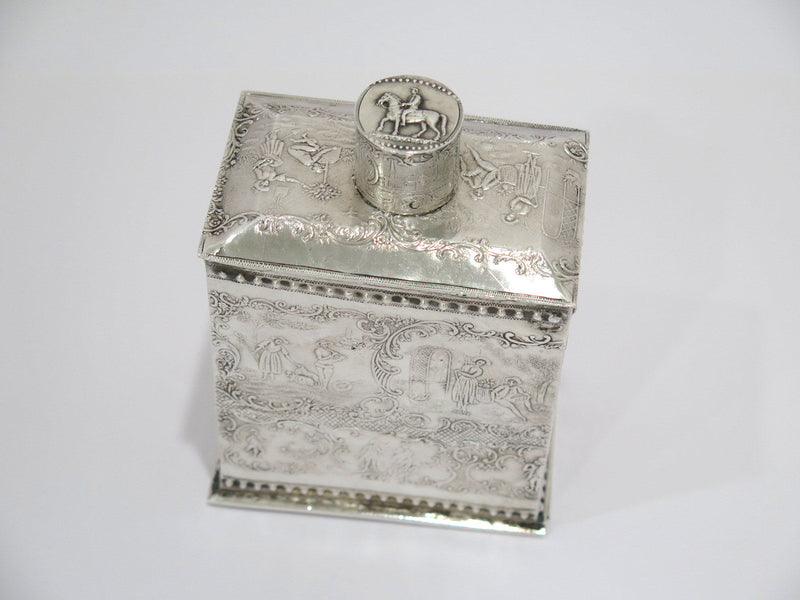 5 5/8 in - European Silver Antique Continental Dating Scenes Tea Caddy