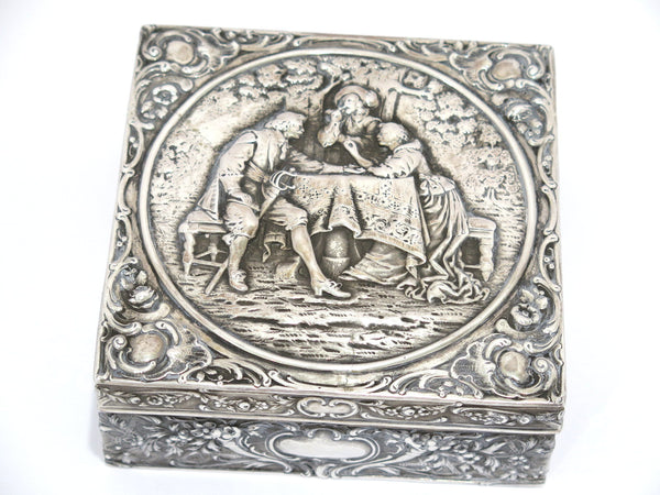 5 3/8" European Silver Antique German Hanau Musketeer Talking to Dame Square Box