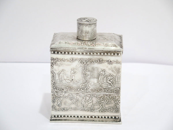 5 5/8 in - European Silver Antique Continental Dating Scenes Tea Caddy
