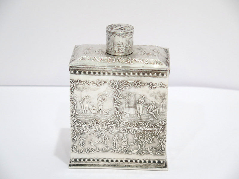 5 5/8 in - European Silver Antique Continental Dating Scenes Tea Caddy