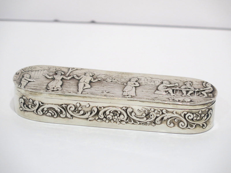5.5 in - European Silver Antique German Hanau Dancing Playing Cards Scene Box