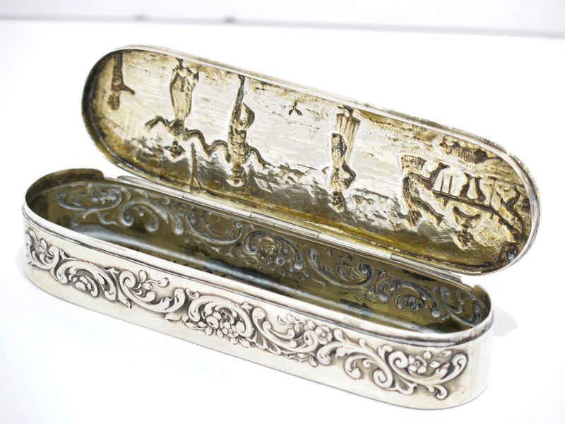 5.5 in - European Silver Antique German Hanau Dancing Playing Cards Scene Box