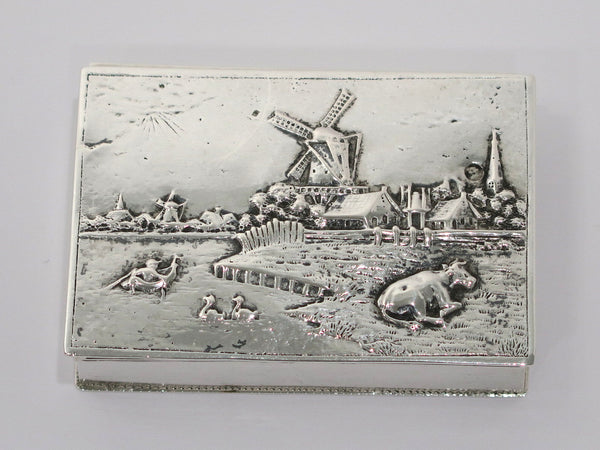 3 1/8 in - European Silver Antique Dutch River Windmills Rectangular Snuff Box