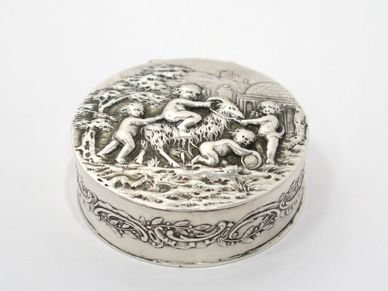 2.5 in - European Silver Gilt Interior Antique German Cherubs w/ Goat Snuff Box