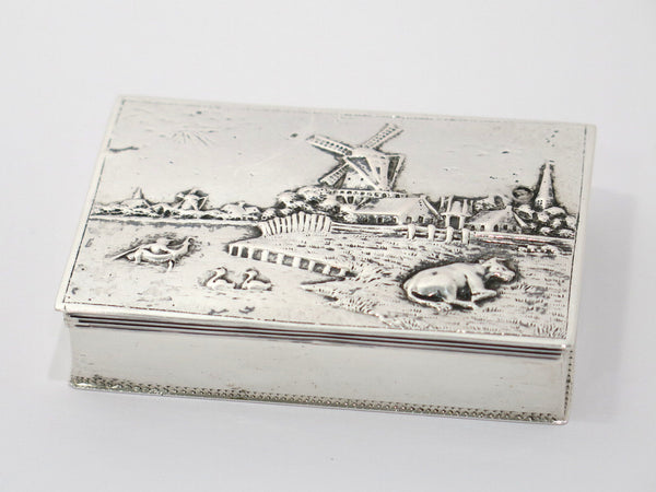 3 1/8 in - European Silver Antique Dutch River Windmills Rectangular Snuff Box