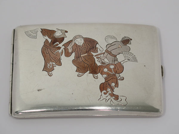 4 3/8 in - Sterling Silver Antique Japanese Traditional Fan Dance Cigarette Case