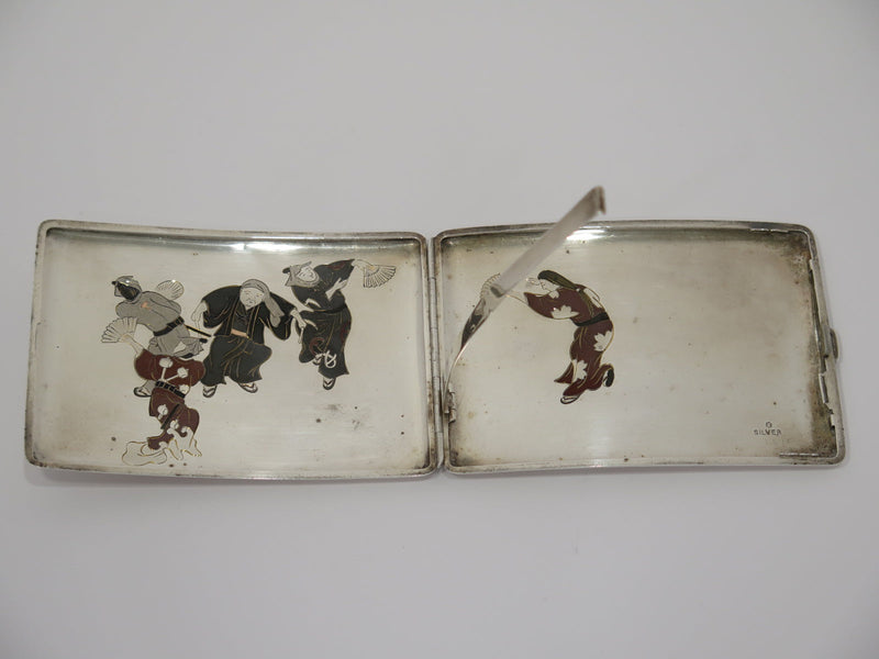 4 3/8 in - Sterling Silver Antique Japanese Traditional Fan Dance Cigarette Case