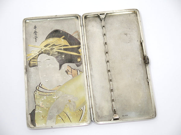 6 3/8 in - Sterling Silver Antique Japanese Woman w/ Fabric Roll Cigarette Case