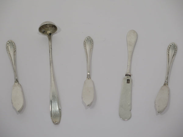 European Silver Antique German Mini Ladle & 4 Butter Knives/Jelly Spreaders Set