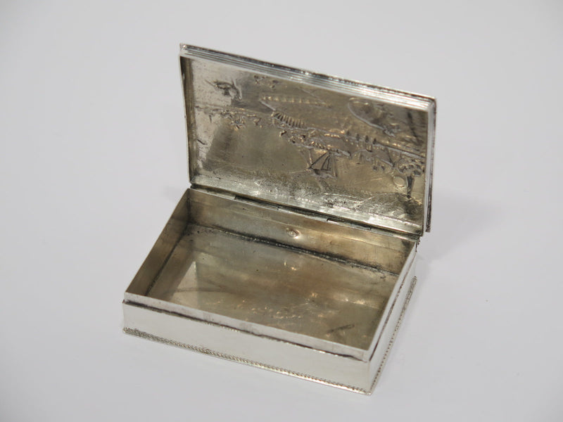 3 1/8 in - European Silver Antique Dutch River Windmills Rectangular Snuff Box