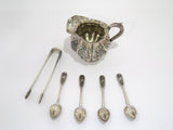 6 piece Silver Black Enamel Antique Russian Creamer Sugar Tongs 4 Teaspoons Set