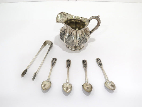 6 piece Silver Black Enamel Antique Russian Creamer Sugar Tongs 4 Teaspoons Set