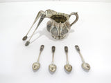 6 piece Silver Black Enamel Antique Russian Creamer Sugar Tongs 4 Teaspoons Set
