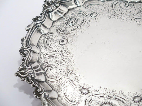 13.5 in - Sterling Silver Antique English 1752 Floral Footed Round Salver