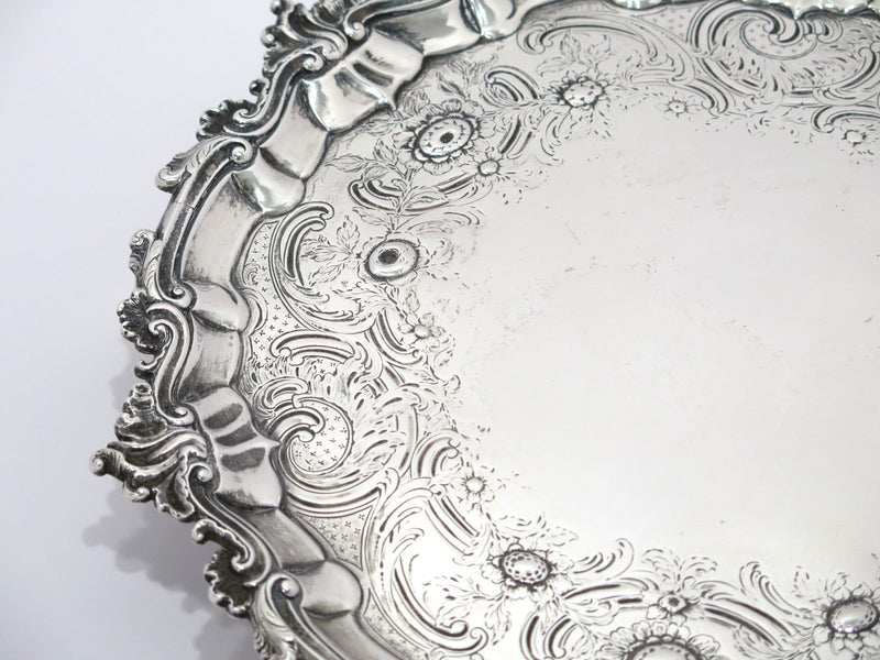 13.5 in - Sterling Silver Antique English 1752 Floral Footed Round Salver