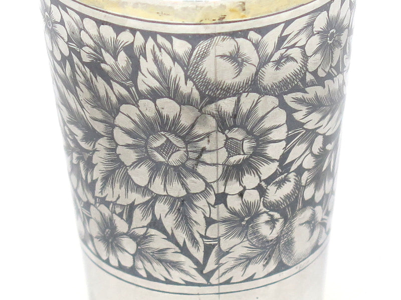 2 3/8 in - 875 Silver Gilt Black Enamel Vintage Russian Floral Vodka Shot Cup