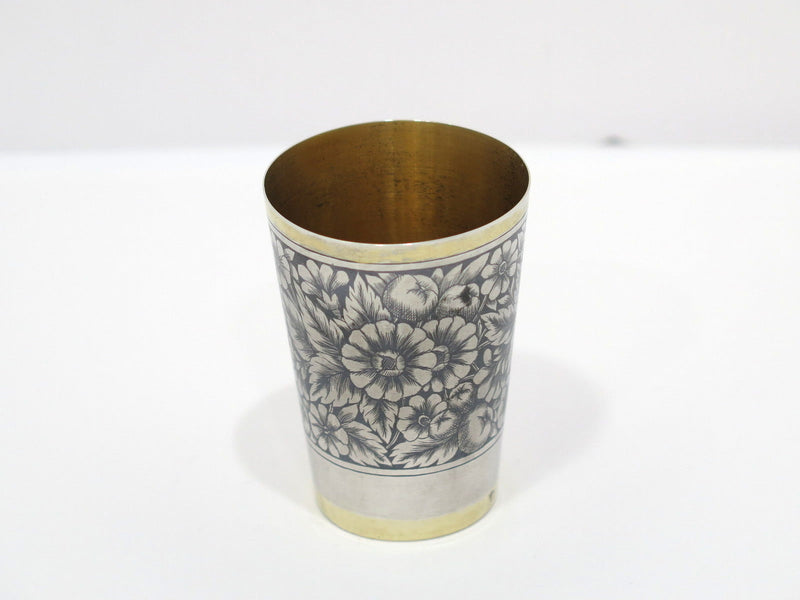 2 3/8 in - 875 Silver Gilt Black Enamel Vintage Russian Floral Vodka Shot Cup