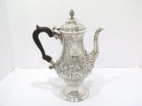 11.5 in Sterling Silver Wood Antique English 1897 Floral Repousse Coffee Pot