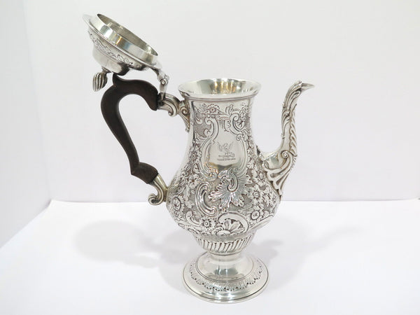 11.5 in Sterling Silver Wood Antique English 1897 Floral Repousse Coffee Pot