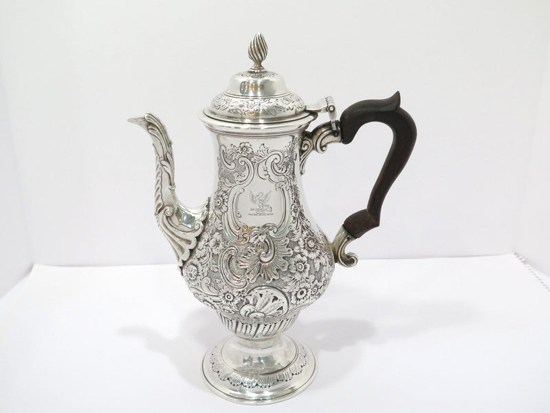 11.5 in Sterling Silver Wood Antique English 1897 Floral Repousse Coffee Pot