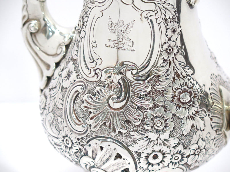 11.5 in Sterling Silver Wood Antique English 1897 Floral Repousse Coffee Pot