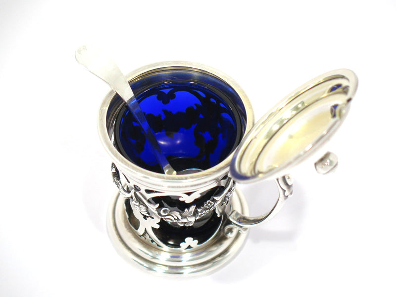 3 5/8 in - Sterling Silver Blue Glass Gorham Antique Floral Garland Mustard Pot