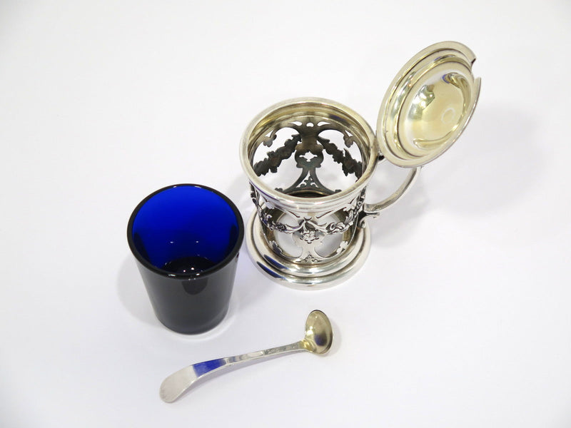 3 5/8 in - Sterling Silver Blue Glass Gorham Antique Floral Garland Mustard Pot