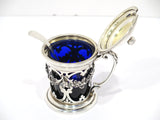 3 5/8 in - Sterling Silver Blue Glass Gorham Antique Floral Garland Mustard Pot