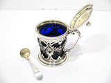 3 5/8 in - Sterling Silver Blue Glass Gorham Antique Floral Garland Mustard Pot