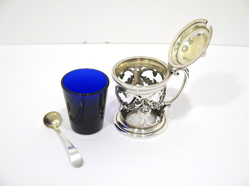 3 5/8 in - Sterling Silver Blue Glass Gorham Antique Floral Garland Mustard Pot