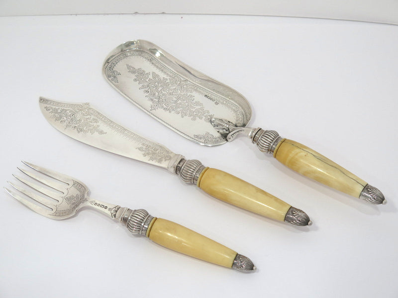 3 piece Sterling Silver Ivory Cooper Bros. Antique English 1888 Cake Serving Set