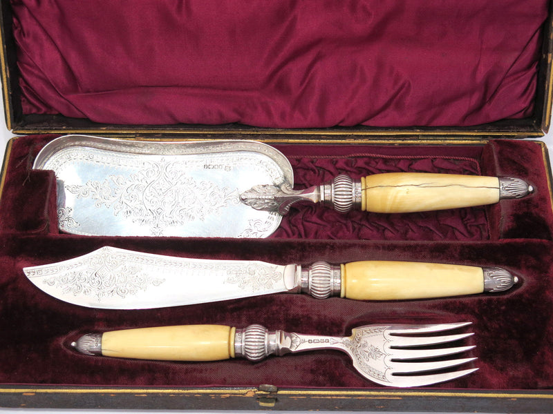 3 piece Sterling Silver Ivory Cooper Bros. Antique English 1888 Cake Serving Set