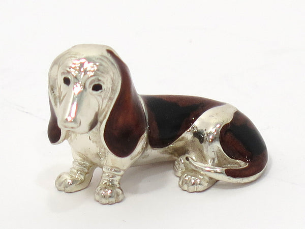 1 3/8 in - Sterling Silver Enamel Vintage Italian Basset Hound Figurine