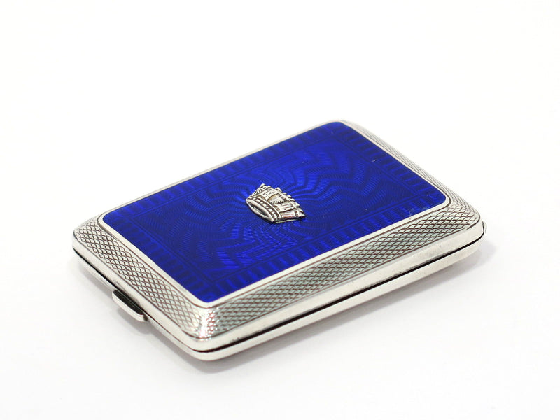 2.5 in - Sterling Silver Antique English Guilloche Blue Enamel Crown Snuff Box