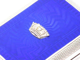 2.5 in - Sterling Silver Antique English Guilloche Blue Enamel Crown Snuff Box