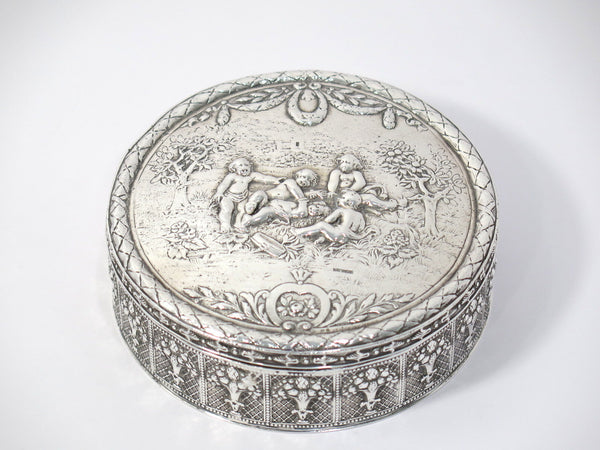 4 7/8 in - Sterling Silver Antique German Cherubs Round Box