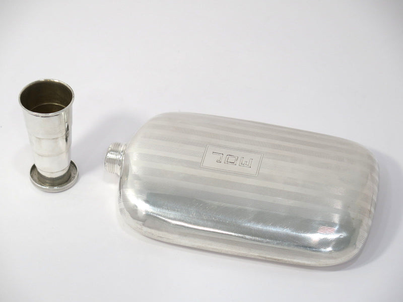 6 5/8 in - Sterling Silver Antique American Flask w/ Collapsible Cup Cap