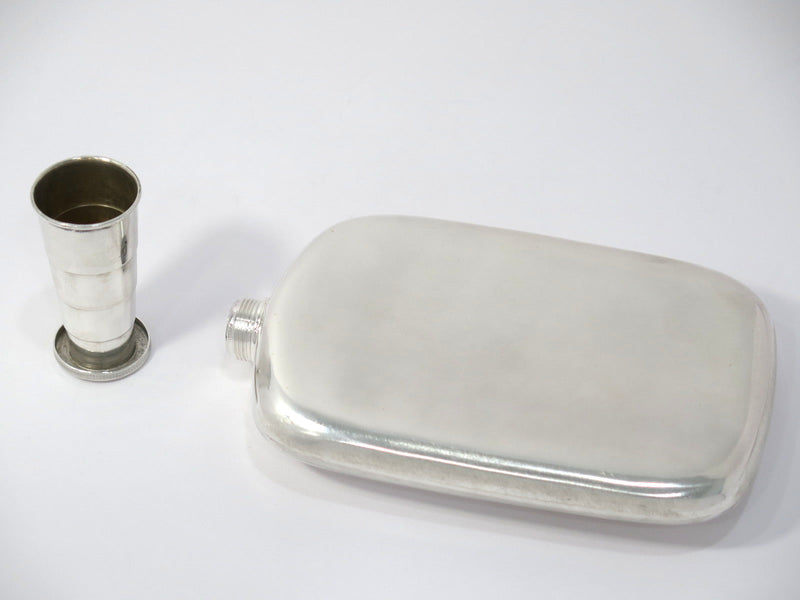 6 5/8 in - Sterling Silver Antique American Flask w/ Collapsible Cup Cap