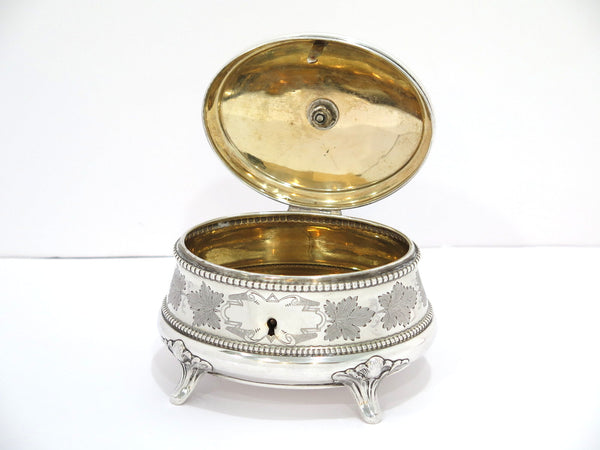 5 5/8" European Silver Gilt Inside Antique Continental Foliate Pattern Tea Caddy