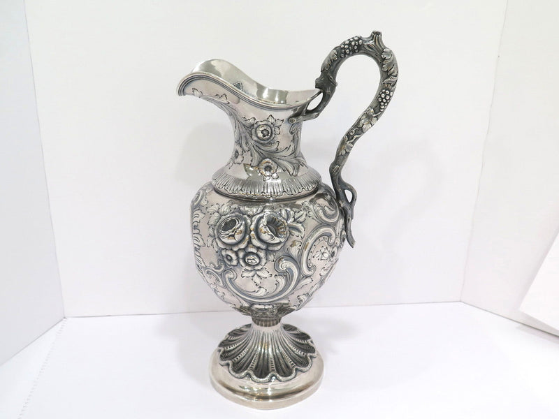 16" Coin Silver Bailey Antique c. 1840 Floral Repousse Grapevine Handle Pitcher