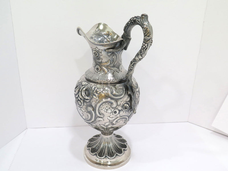 16" Coin Silver Bailey Antique c. 1840 Floral Repousse Grapevine Handle Pitcher