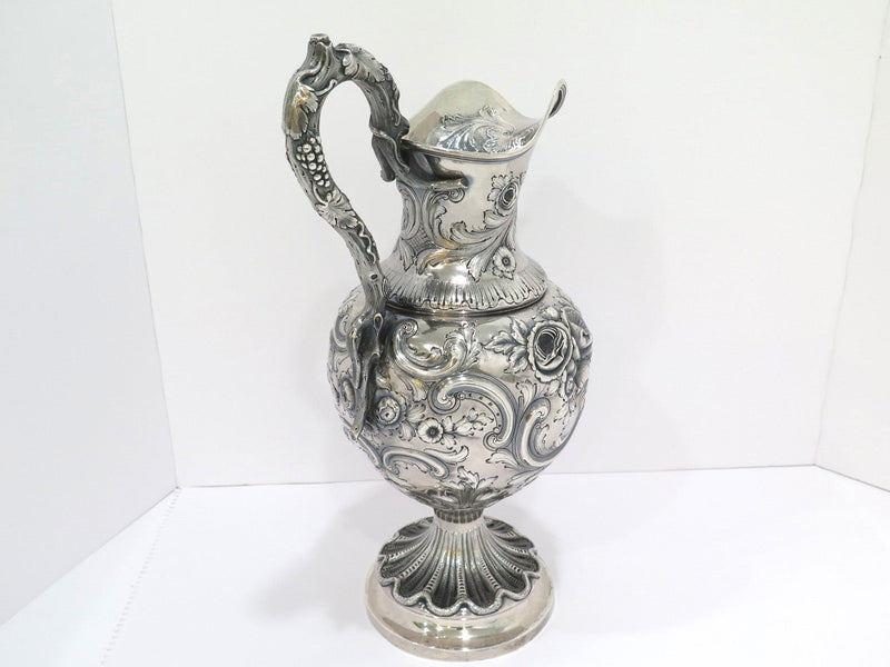 16" Coin Silver Bailey Antique c. 1840 Floral Repousse Grapevine Handle Pitcher