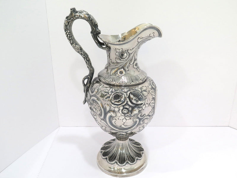 16" Coin Silver Bailey Antique c. 1840 Floral Repousse Grapevine Handle Pitcher