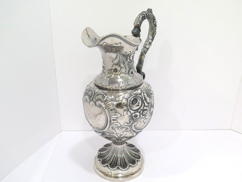 16" Coin Silver Bailey Antique c. 1840 Floral Repousse Grapevine Handle Pitcher