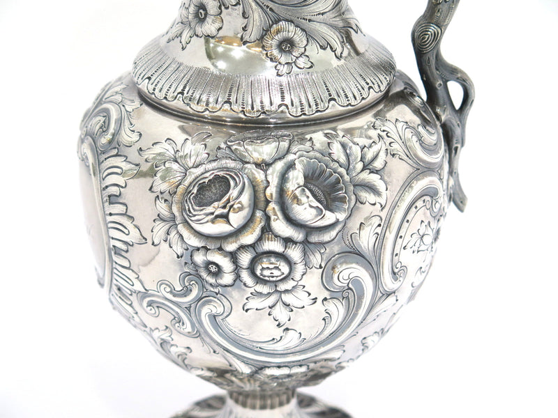 16" Coin Silver Bailey Antique c. 1840 Floral Repousse Grapevine Handle Pitcher