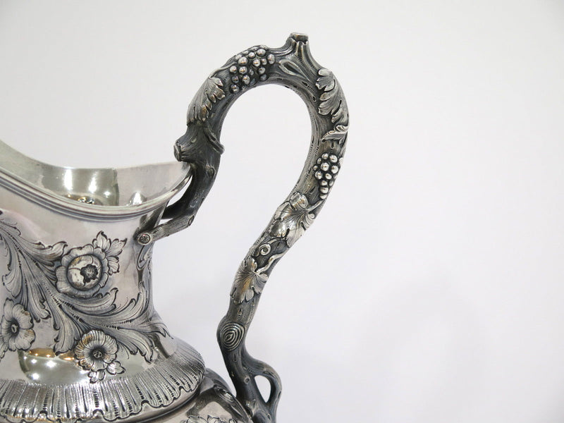 16" Coin Silver Bailey Antique c. 1840 Floral Repousse Grapevine Handle Pitcher