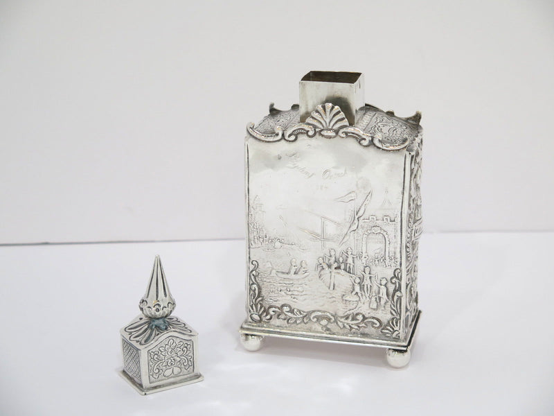 7.5 in - European Silver Antique Dutch Life Scenes Cone Lid Tea Caddy