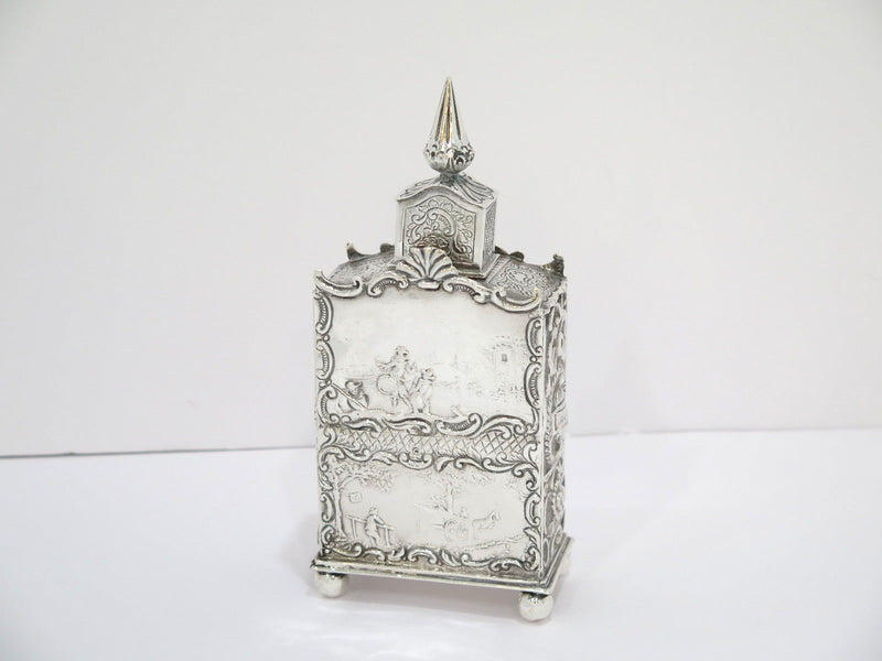 7.5 in - European Silver Antique Dutch Life Scenes Cone Lid Tea Caddy