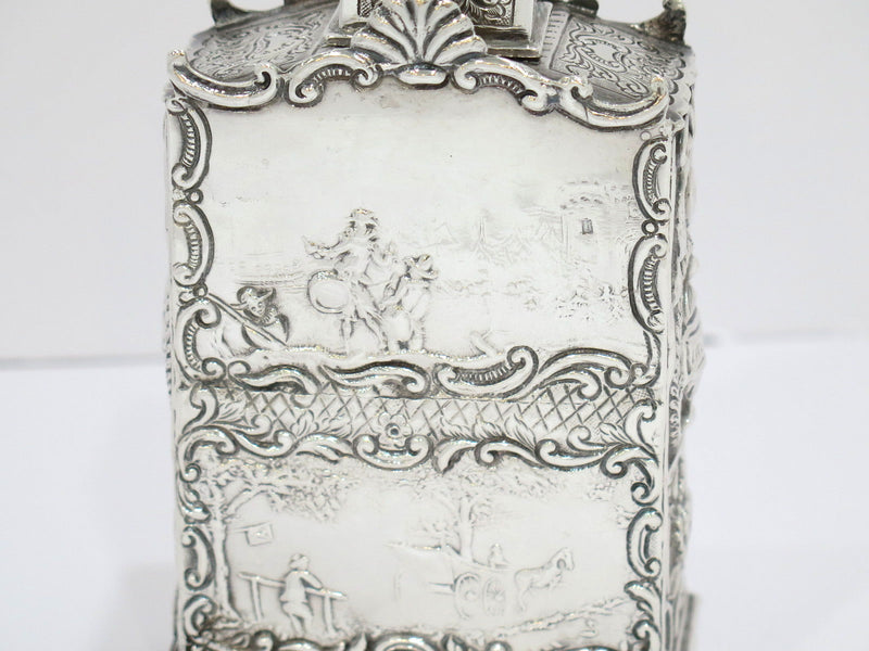 7.5 in - European Silver Antique Dutch Life Scenes Cone Lid Tea Caddy